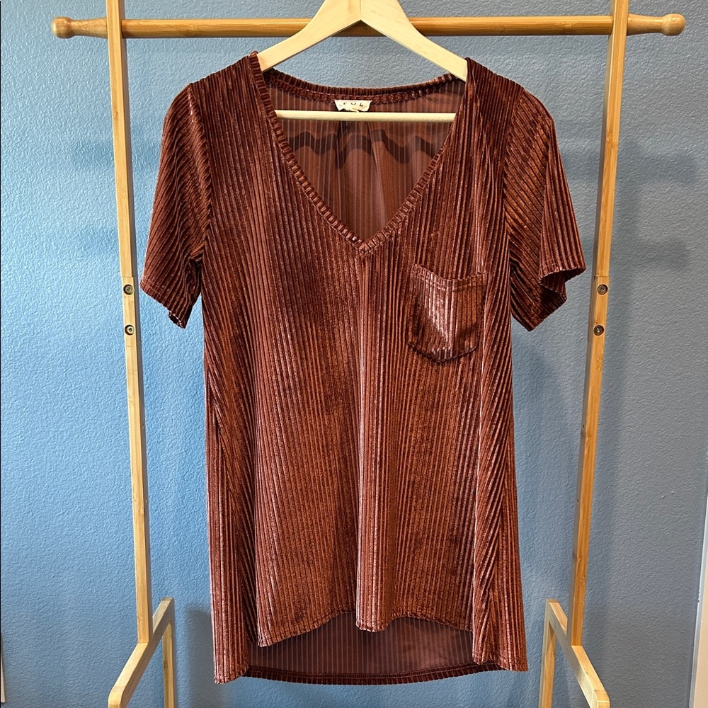 POL Burnout Velvet V-Neck Short Sleeve Top in Rust Small